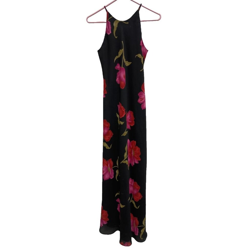 VTG 90s Hampton Nites Evening Maxi Dress Womens Sz‎ 4 Black Floral Sleeveless